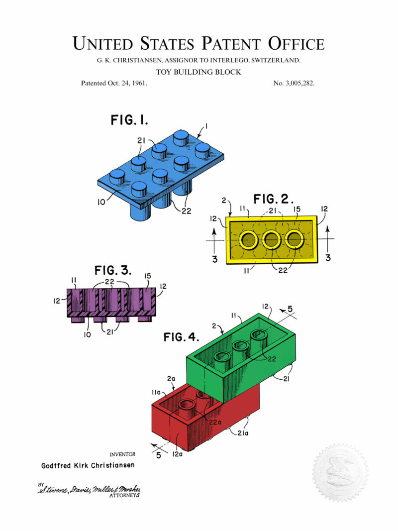 1961 colored building brick patent artwork.