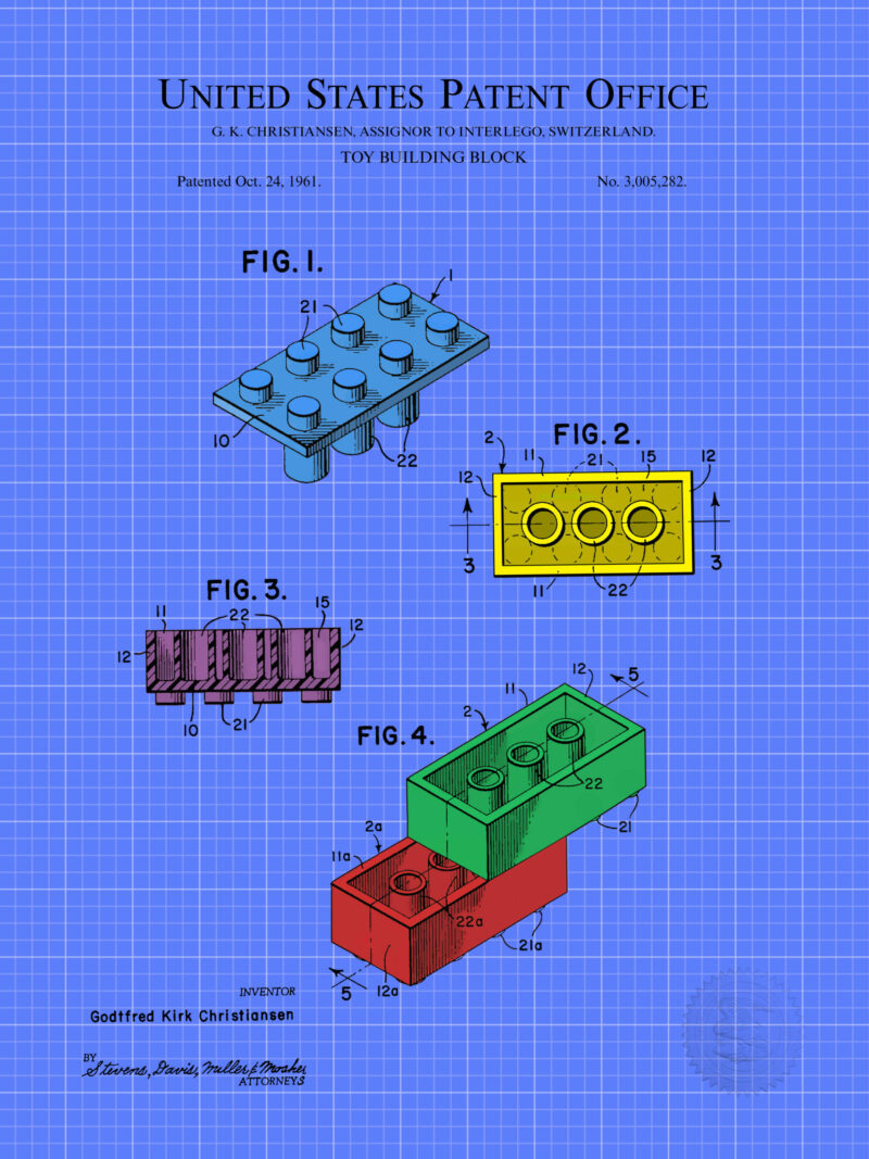 1961 colored building brick patent artwork.