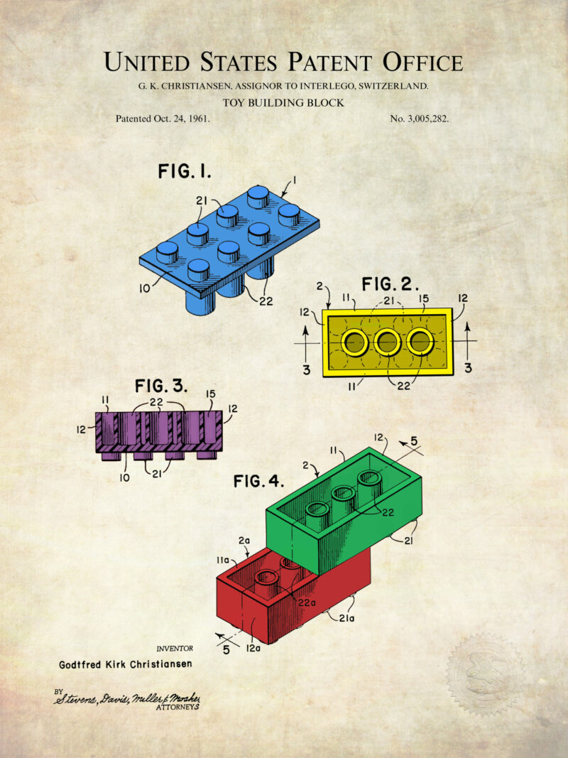1961 colored building brick patent artwork.
