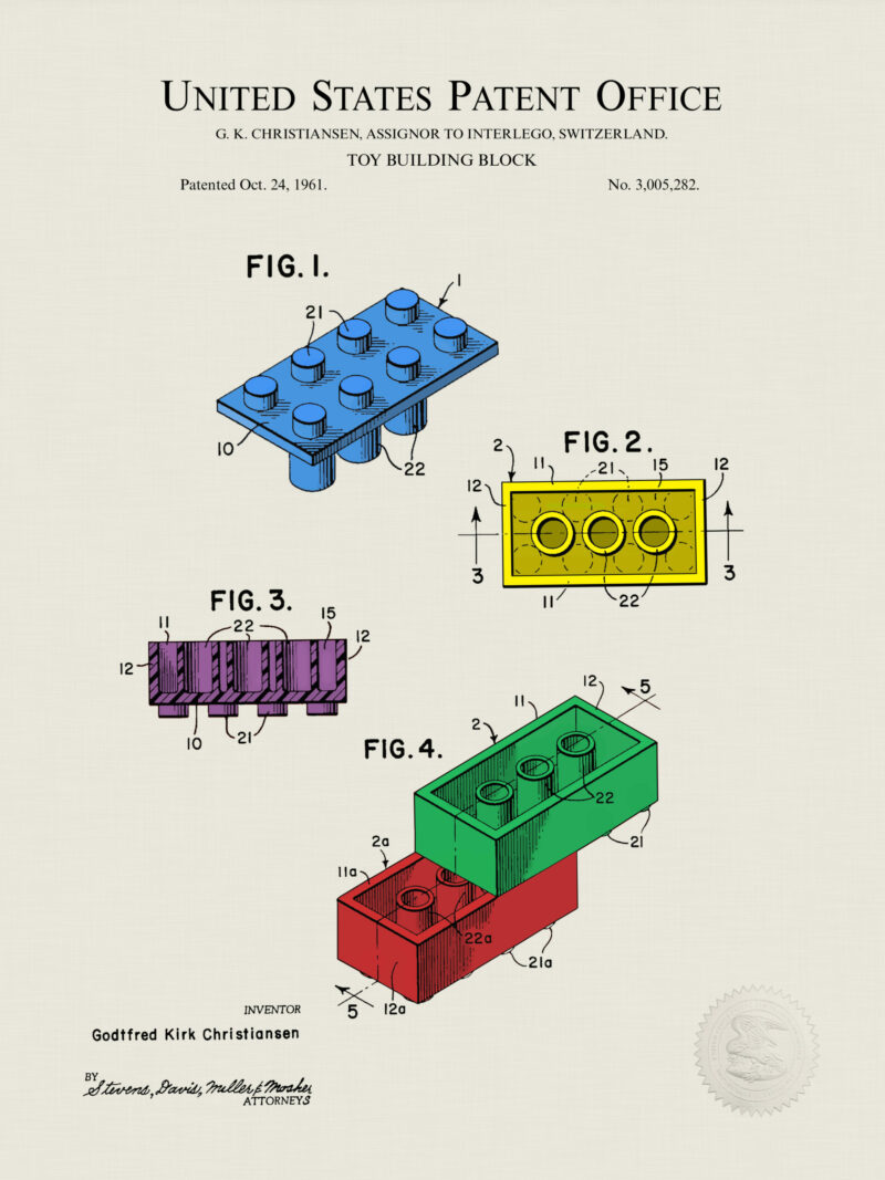 1961 colored building brick patent artwork.