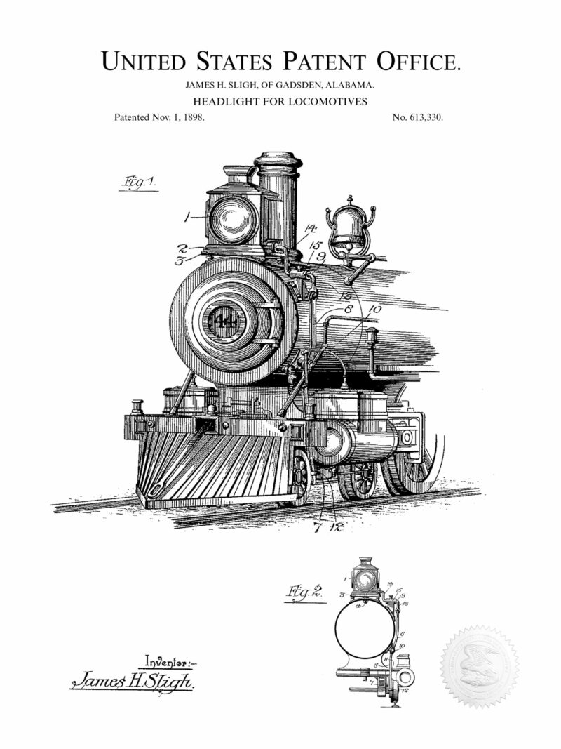 1898 patent illustration for a locomotive headlight.