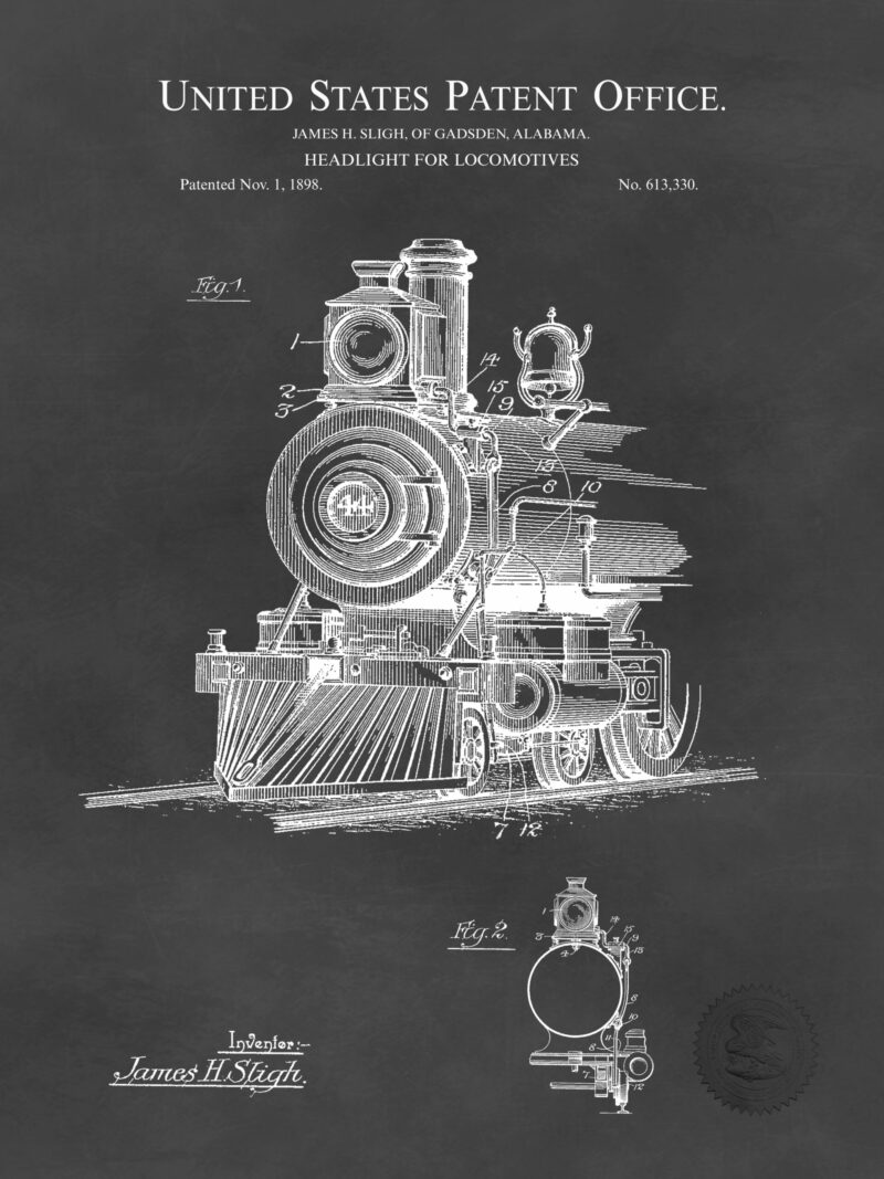 1898 patent illustration for a locomotive headlight.