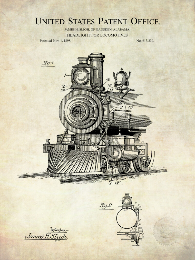 1898 patent illustration for a locomotive headlight.