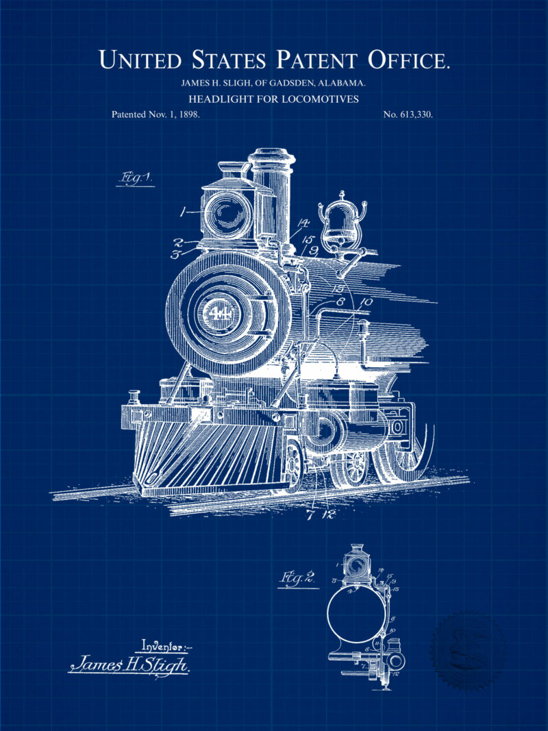 1898 patent illustration for a locomotive headlight.