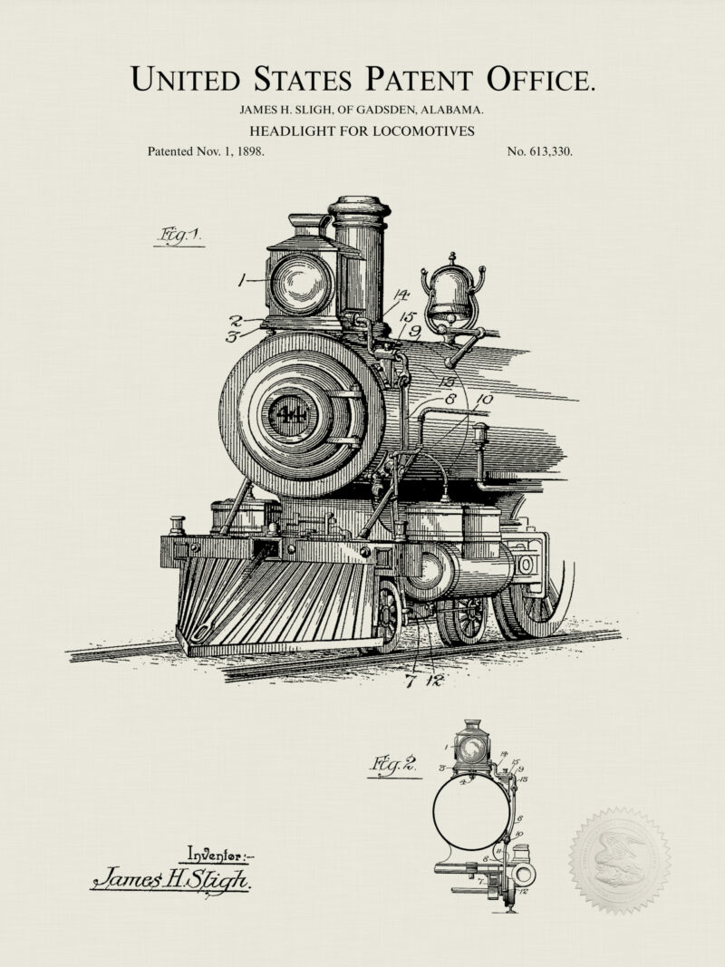 1898 patent illustration for a locomotive headlight.