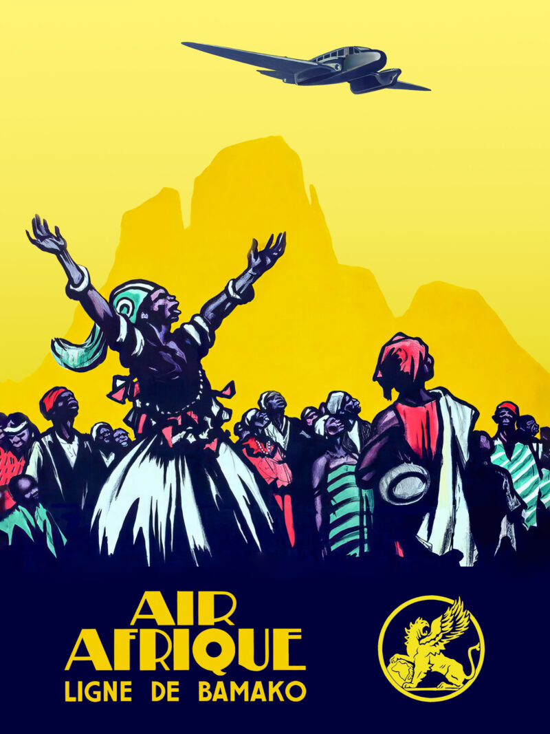 Air Afrique vintage travel poster with African dancers and airplane.