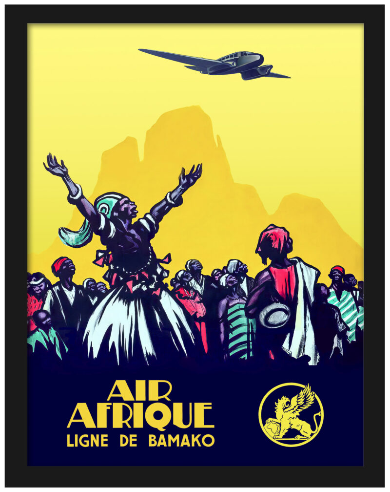 Air Afrique vintage travel poster with African dancers and airplane.