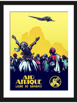 Air Afrique vintage travel poster with African dancers and airplane.