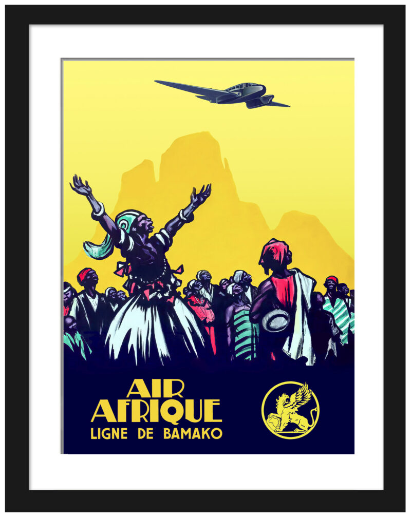 Air Afrique vintage travel poster with African dancers and airplane.