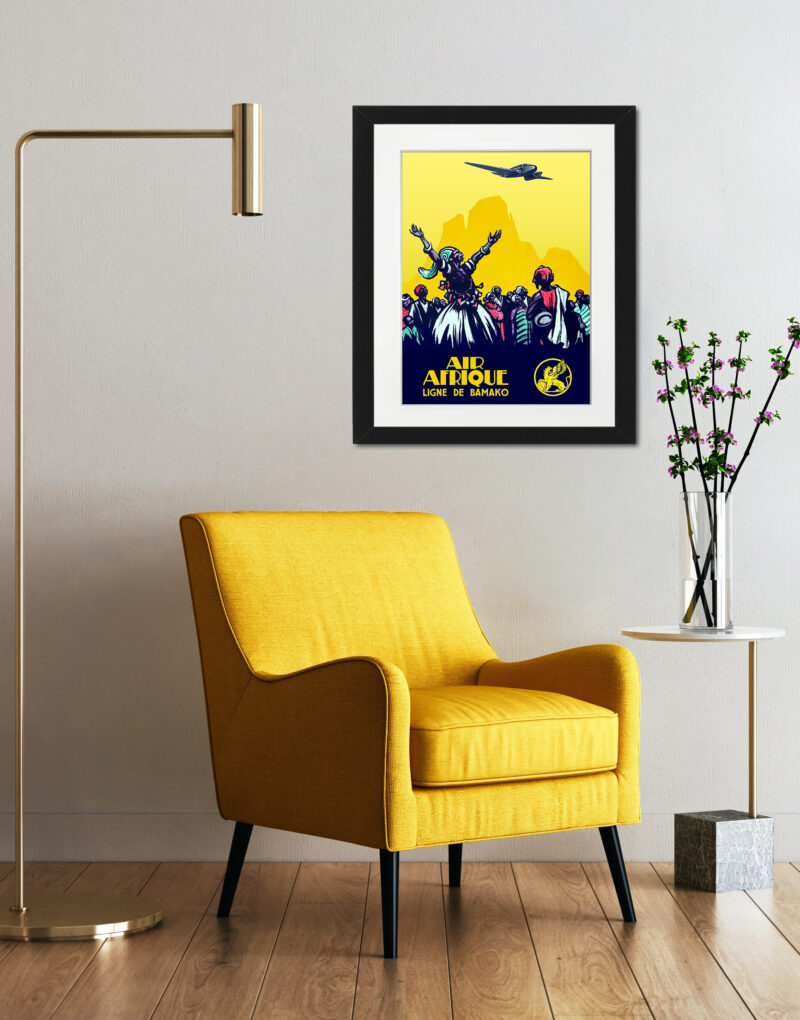 Air Afrique vintage travel poster with African dancers and airplane.