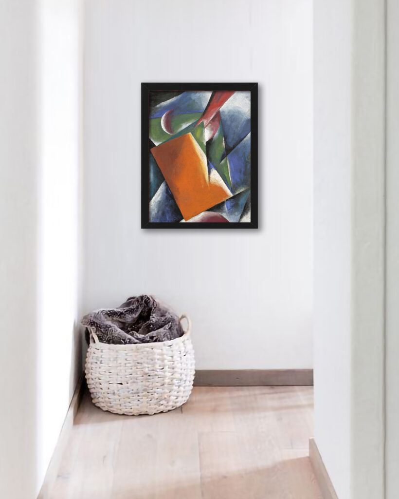 Reproduction of a 1917 abstract geometric painting featuring interlocking planes and bold colors