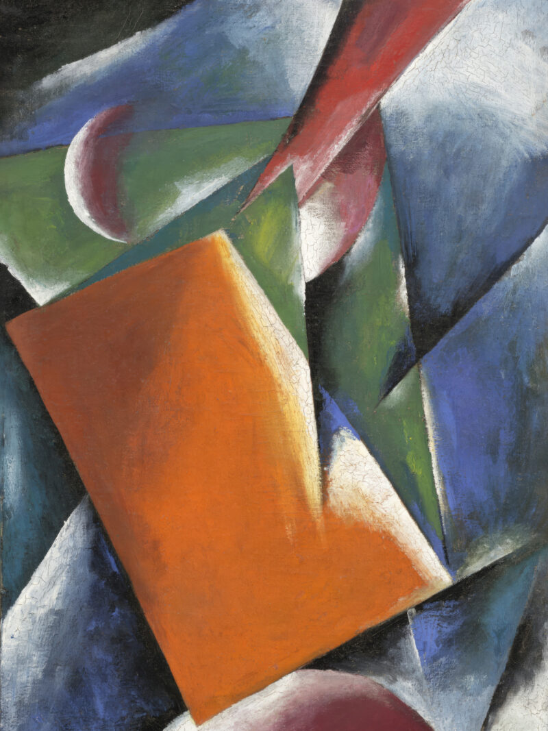Reproduction of a 1917 abstract geometric painting featuring interlocking planes and bold