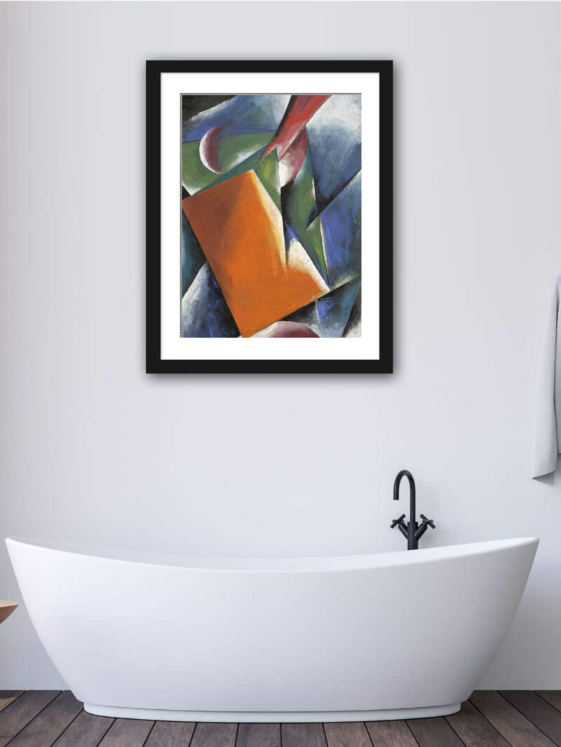 Reproduction of a 1917 abstract geometric painting featuring interlocking planes and bold