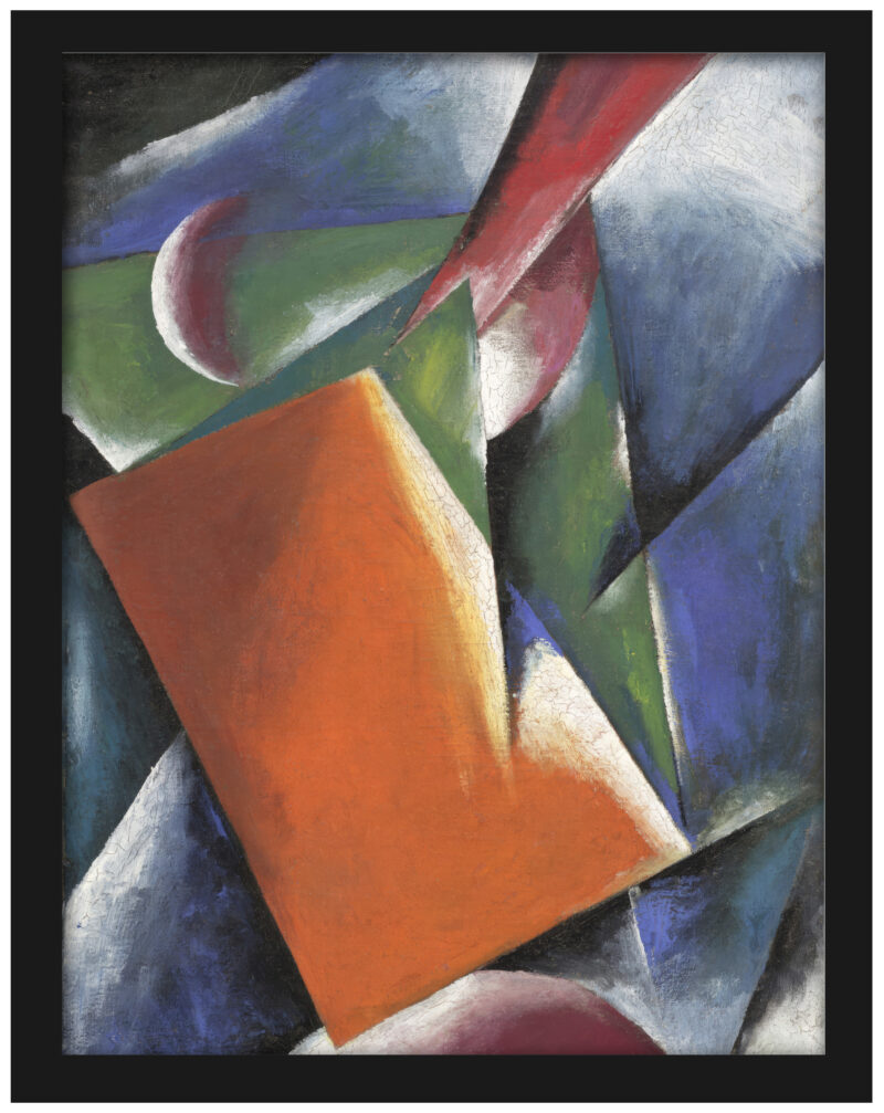 Reproduction of a 1917 abstract geometric painting featuring interlocking planes and bold colors