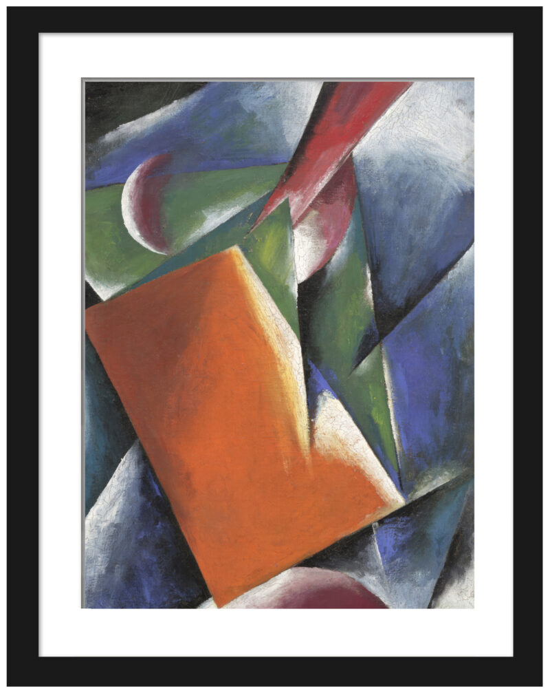 Reproduction of a 1917 abstract geometric painting featuring interlocking planes and bold colors