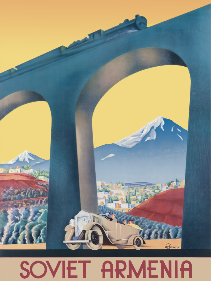 1935 Soviet Armenia travel poster with train and car imagery.