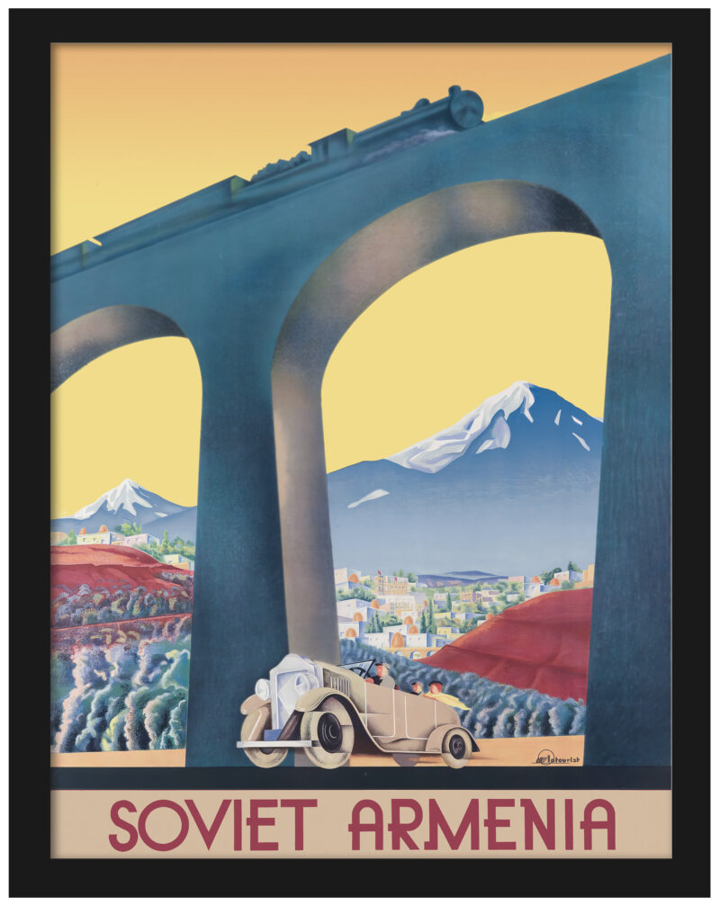 1935 Soviet Armenia travel poster with train and car imagery.