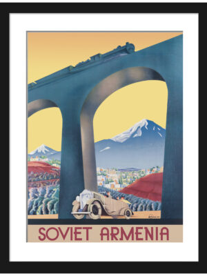1935 Soviet Armenia travel poster with train and car imagery.