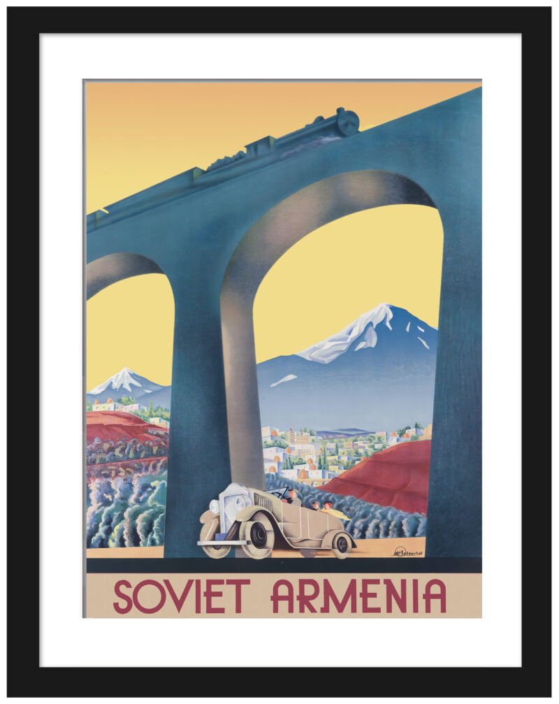 1935 Soviet Armenia travel poster with train and car imagery.