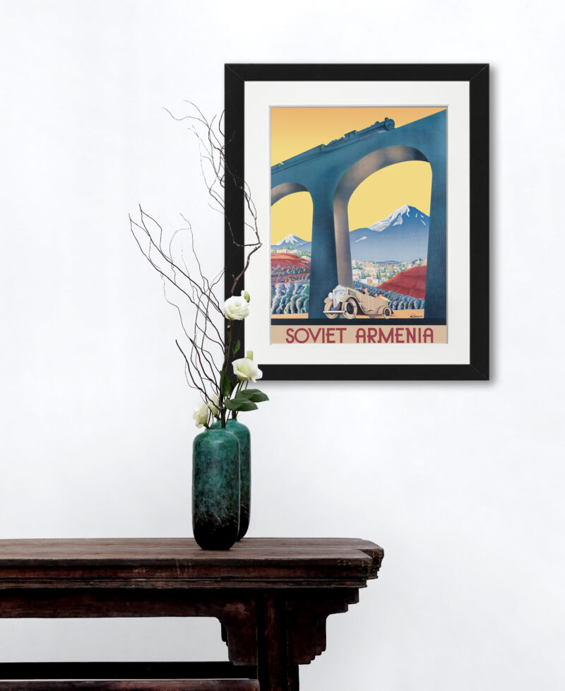 1935 Soviet Armenia travel poster with train and car imagery.