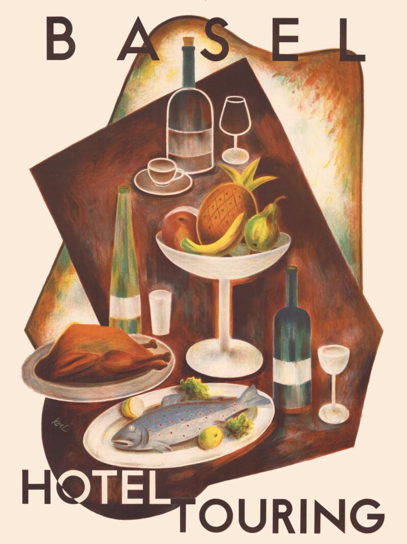 1936 Basel Hotel Touring promotional print with vibrant food and drink illustration.