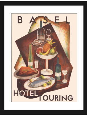 1936 Basel Hotel Touring promotional print with vibrant food and drink illustration.