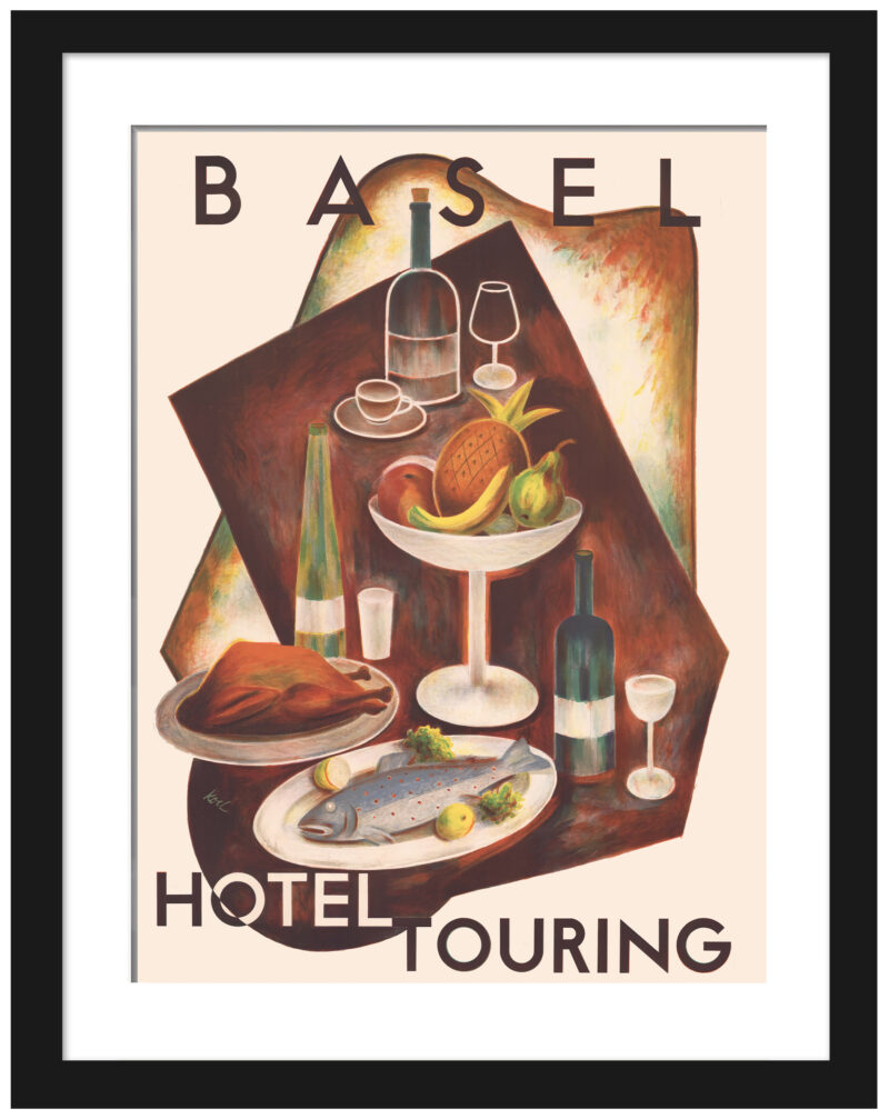 1936 Basel Hotel Touring promotional print with vibrant food and drink illustration.