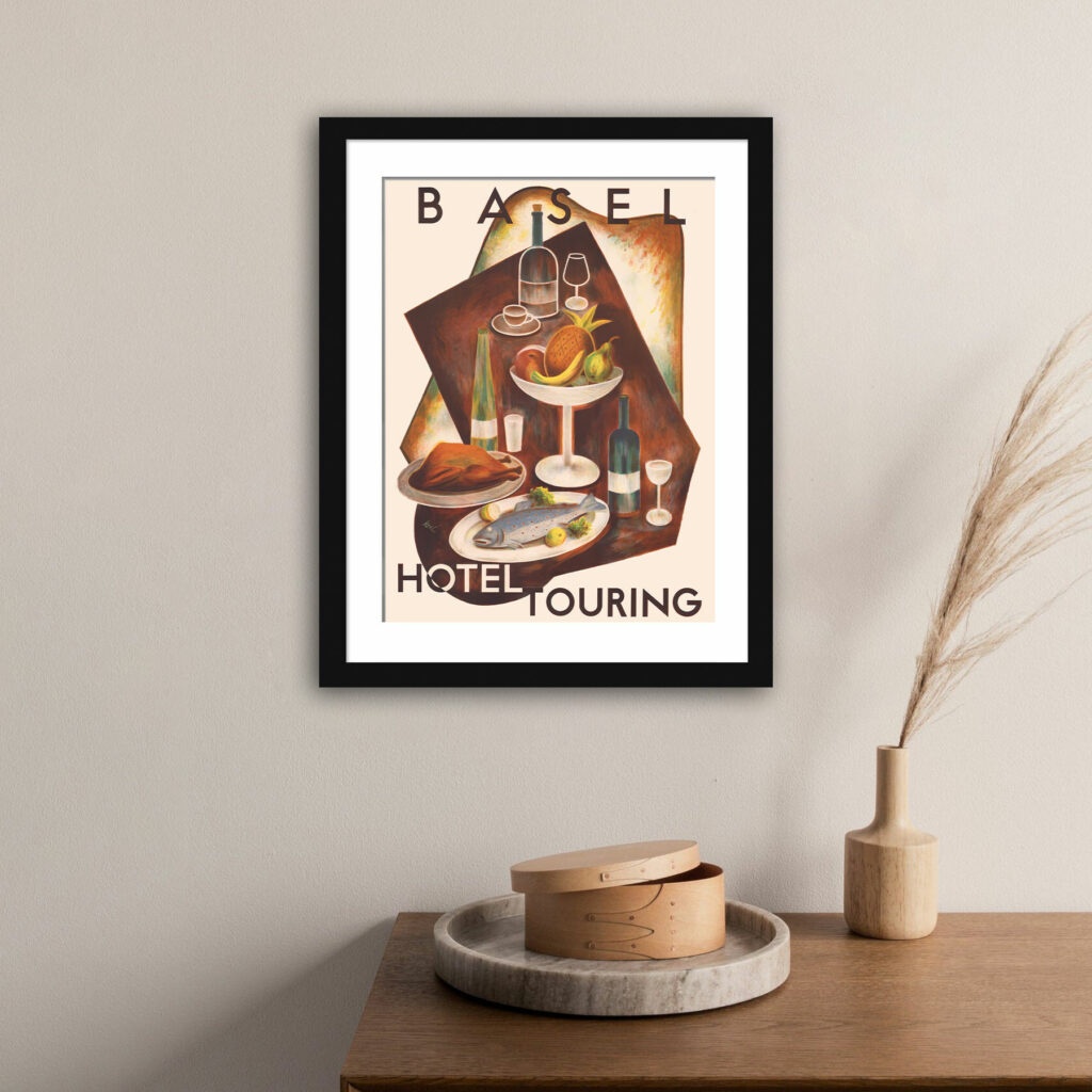 1936 Basel Hotel Touring promotional print with vibrant food and drink illustration.