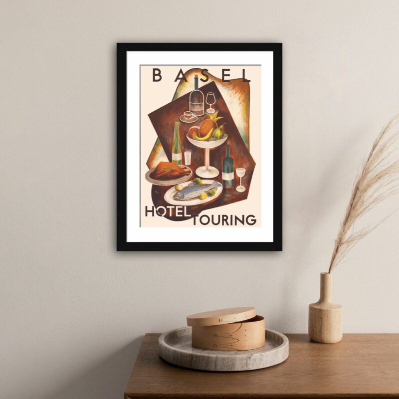 1936 Basel Hotel Touring promotional print with vibrant food and drink illustration.
