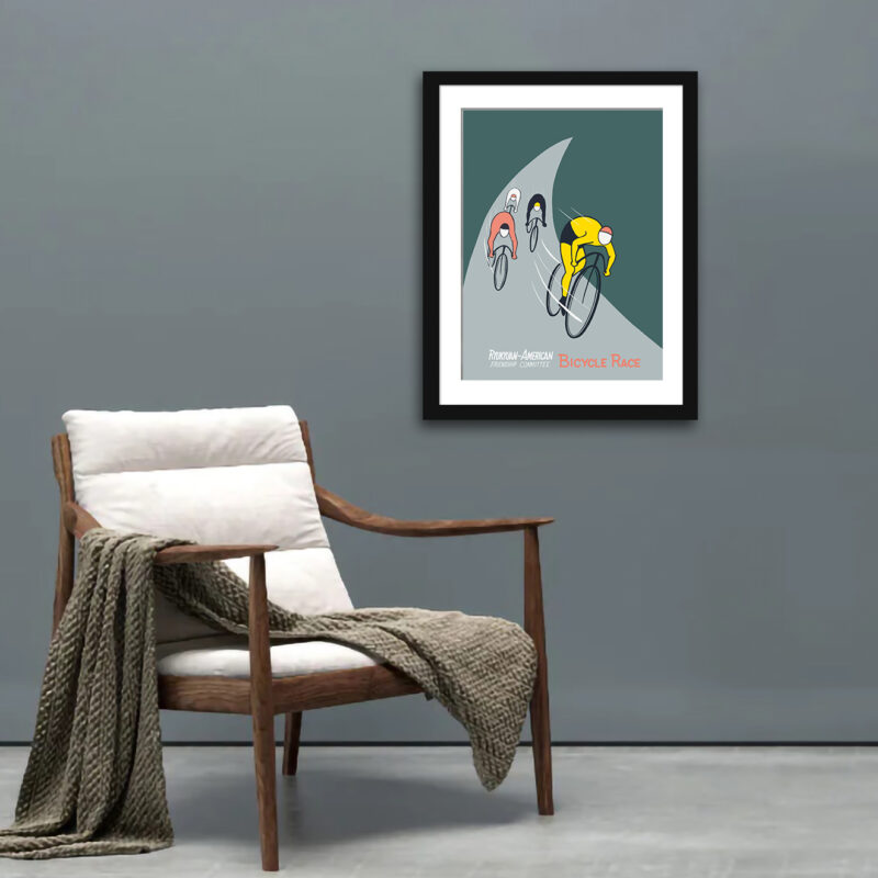 1955 vintage bicycle race promotional poster with colorful cyclists.