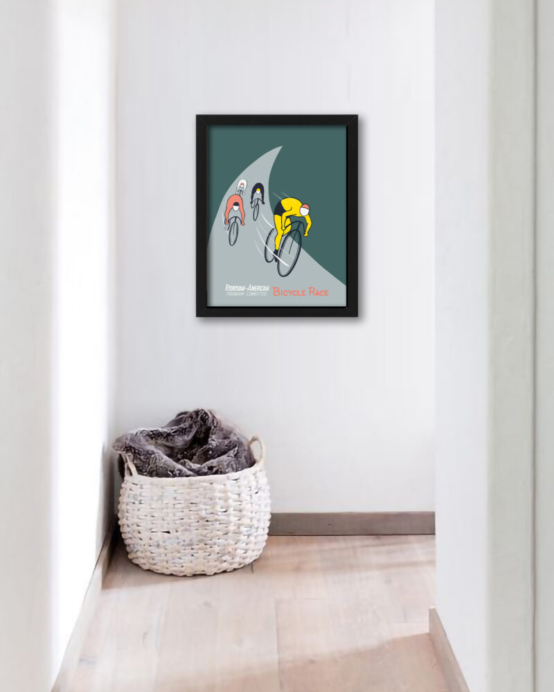 1955 vintage bicycle race promotional poster with colorful cyclists.