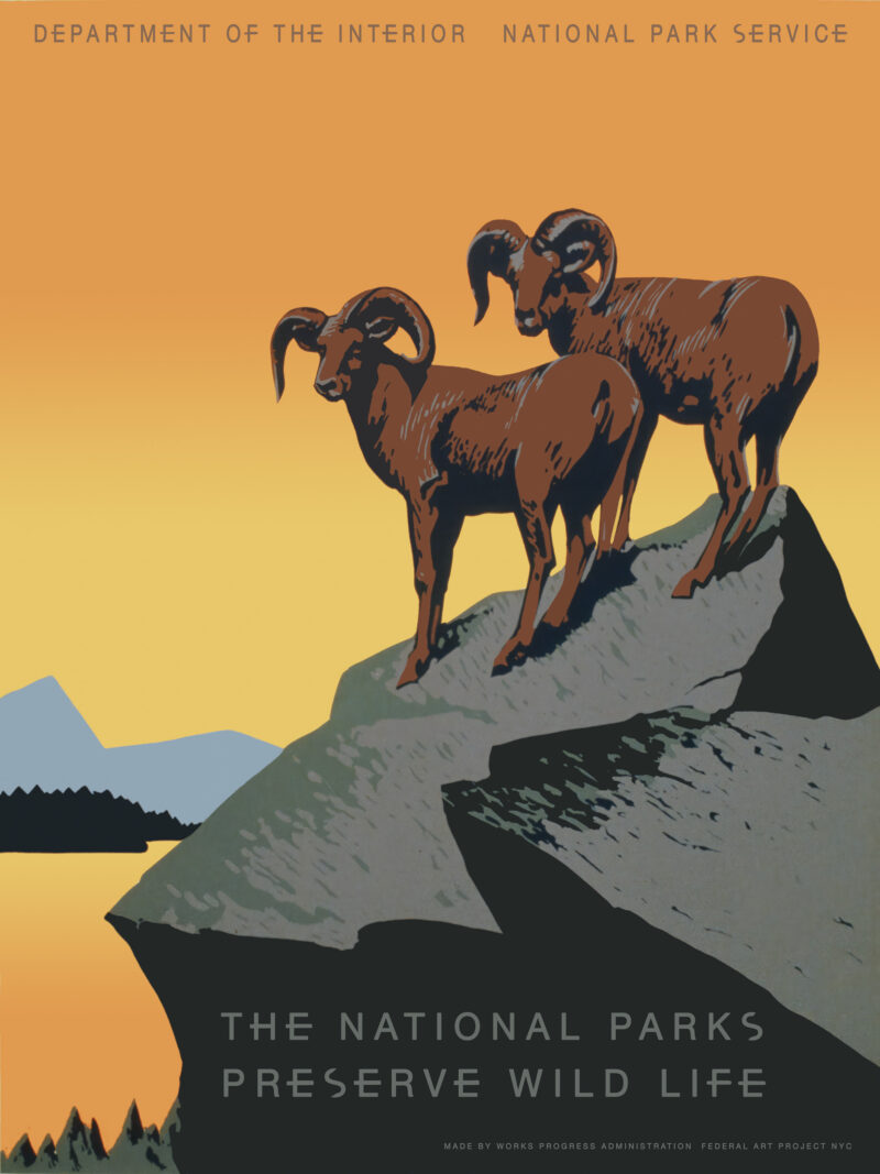Vintage National Parks poster with big horn sheep silhouette