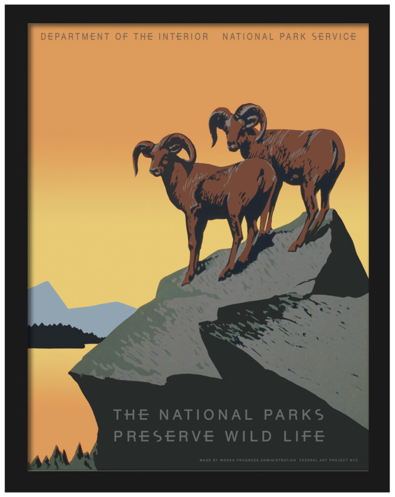 Vintage National Parks poster with big horn sheep silhouette