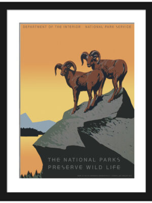 Vintage National Parks poster with big horn sheep silhouette