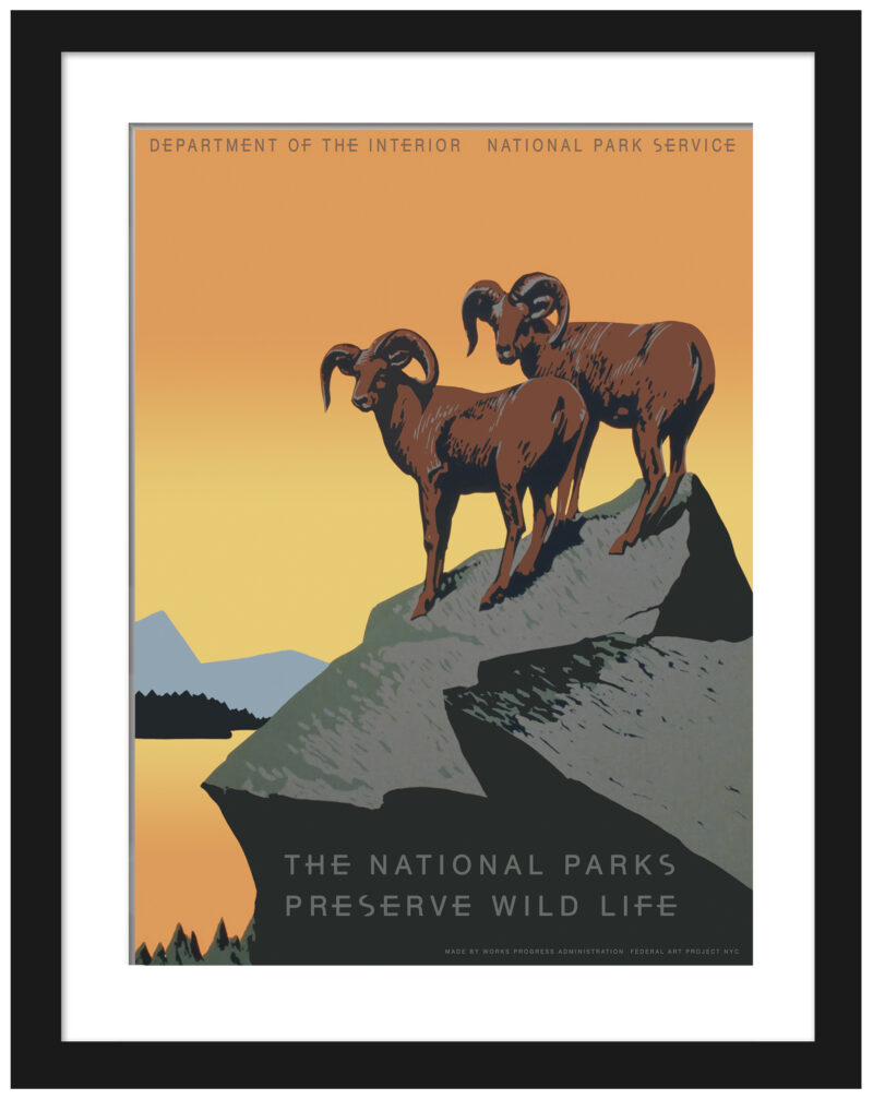 Vintage National Parks poster with big horn sheep silhouette