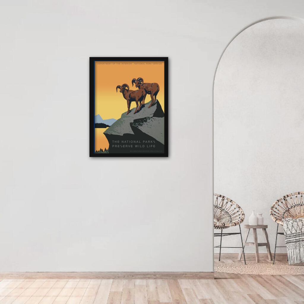 Vintage National Parks poster with big horn sheep silhouette