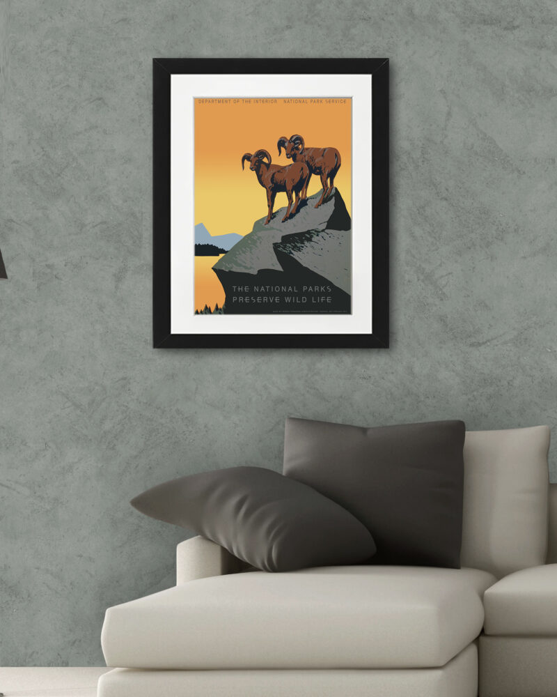 Vintage National Parks poster with big horn sheep silhouette