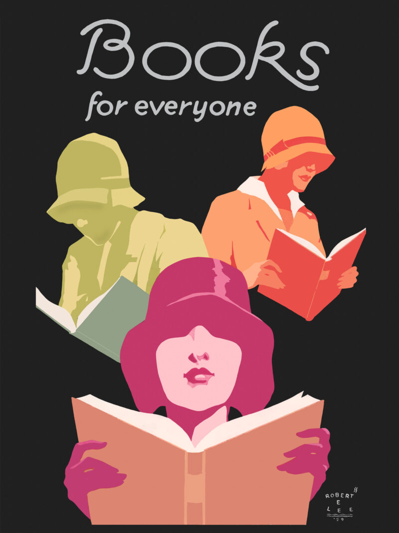 Vintage 1929 literary poster "Books for Everyone" featuring an elegantly dressed woman reading