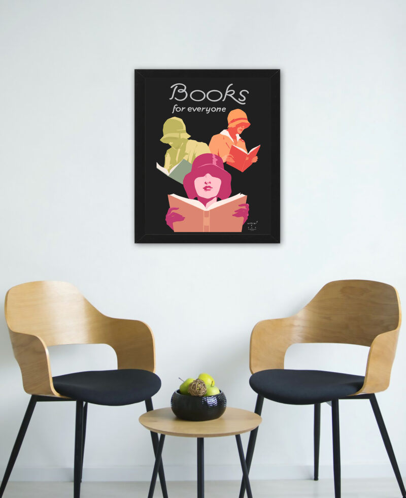 Vintage 1929 literary poster "Books for Everyone" featuring an elegantly dressed woman reading