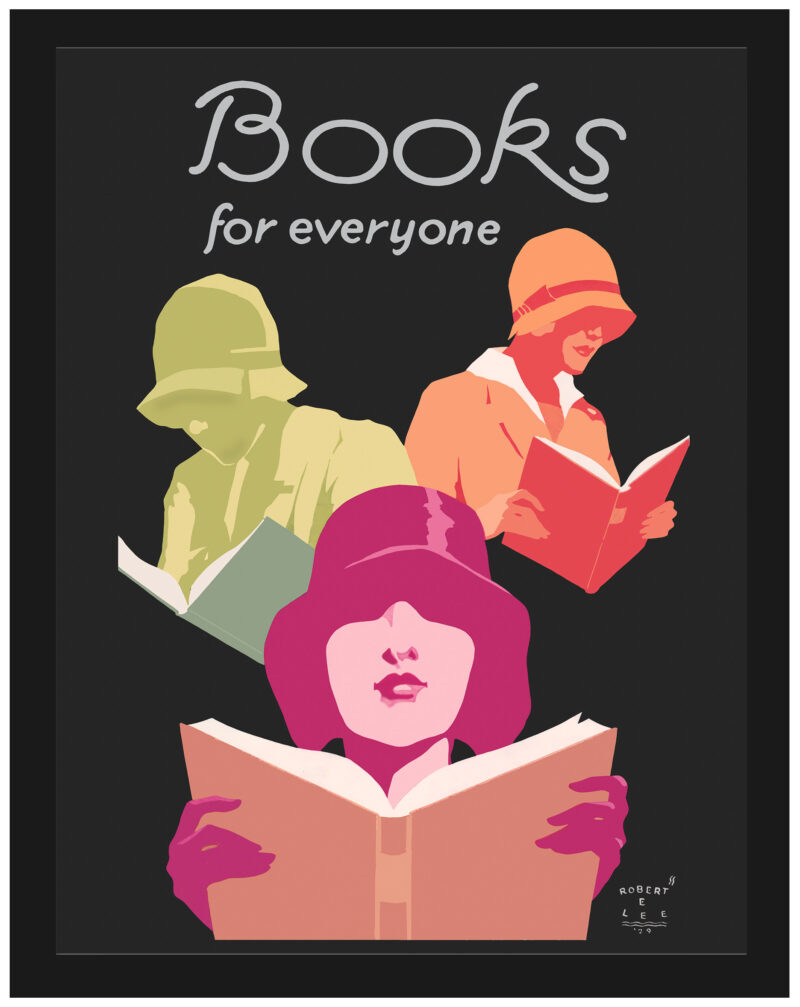 Vintage 1929 literary poster "Books for Everyone" featuring an elegantly dressed woman reading