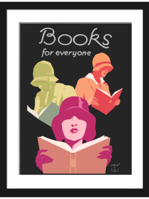 Vintage 1929 literary poster "Books for Everyone" featuring an elegantly dressed woman reading