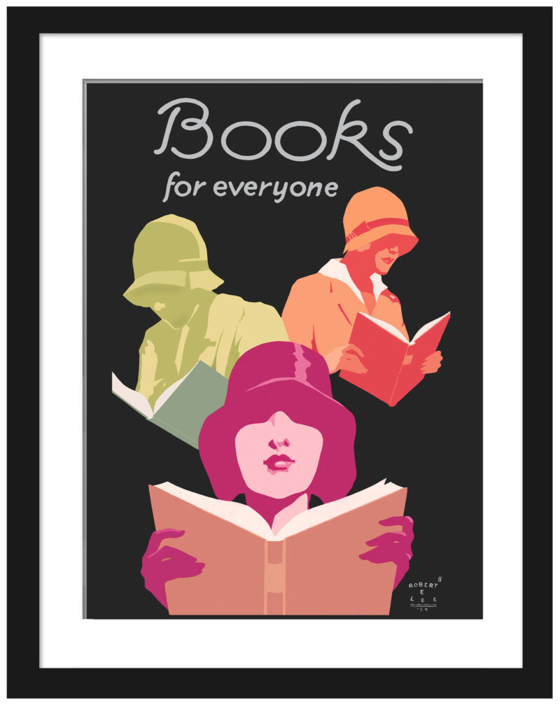 Vintage 1929 literary poster "Books for Everyone" featuring an elegantly dressed woman reading