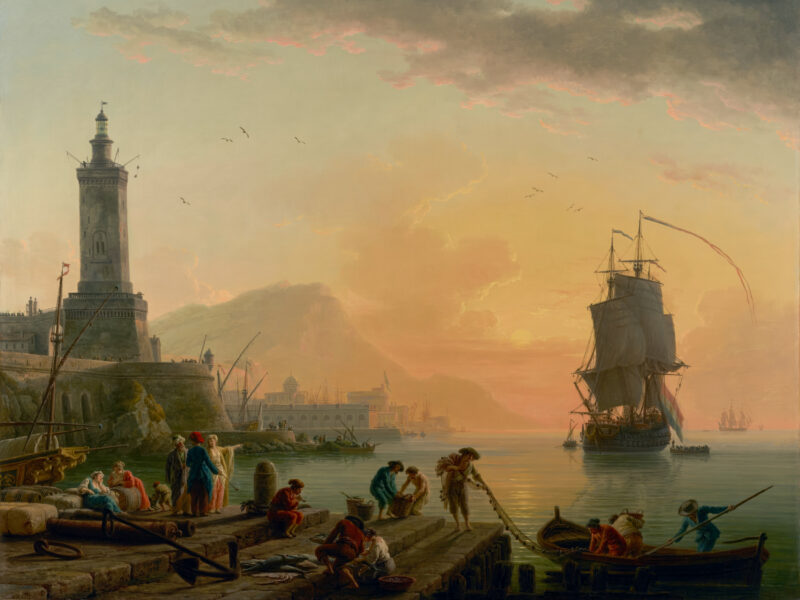 Art print reproduction of Claude-Joseph Vernet's Mediterranean port at sunset
