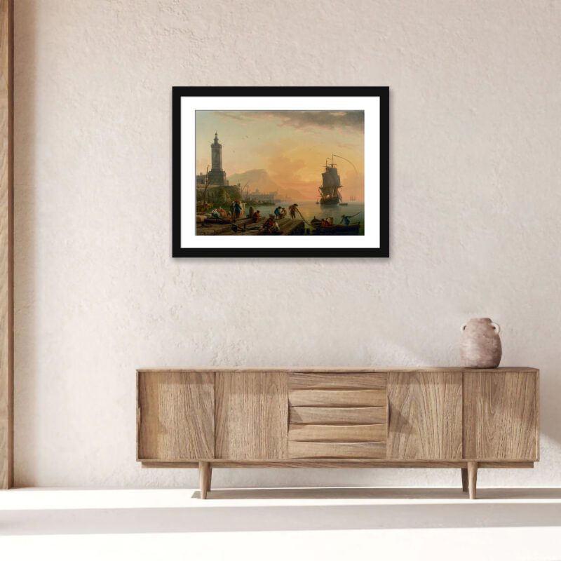 Art print reproduction of Claude-Joseph Vernet's Mediterranean port at sunset