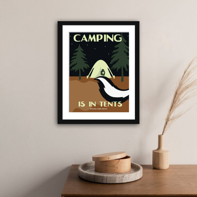 Vintage National Parks camping poster with tent and night sky