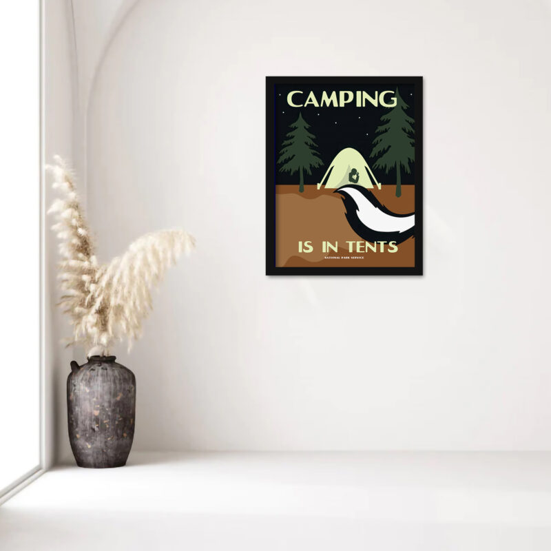 Vintage National Parks camping poster with tent and night sky