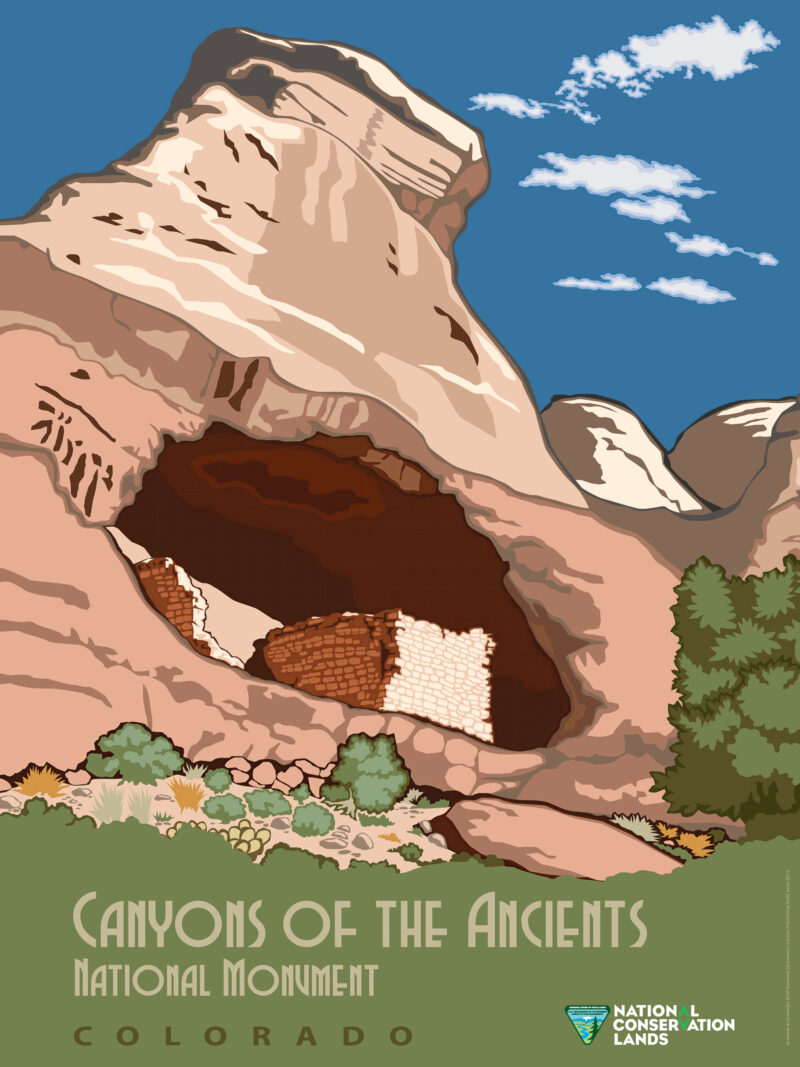 Vintage Canyons of the Ancients Colorado poster with Castle Rock Pueblo.
