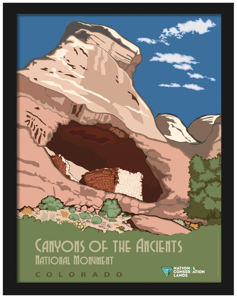 vintage Canyons of the Ancients Colorado poster with Castle Rock Pueblo.