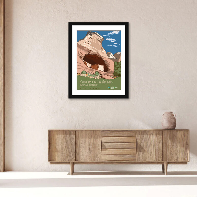 vintage Canyons of the Ancients Colorado poster with Castle Rock Pueblo.