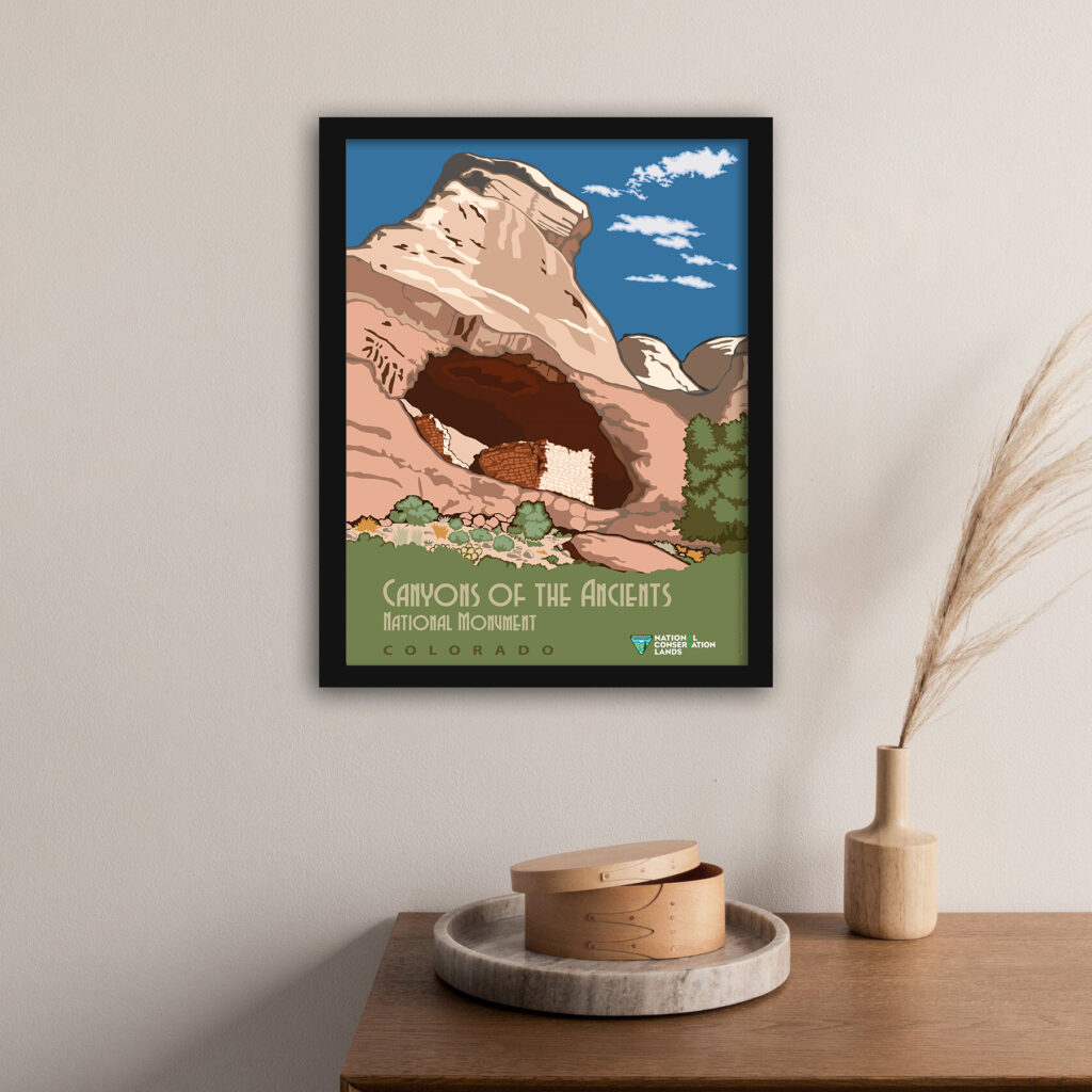 vintage Canyons of the Ancients Colorado poster with Castle Rock Pueblo.